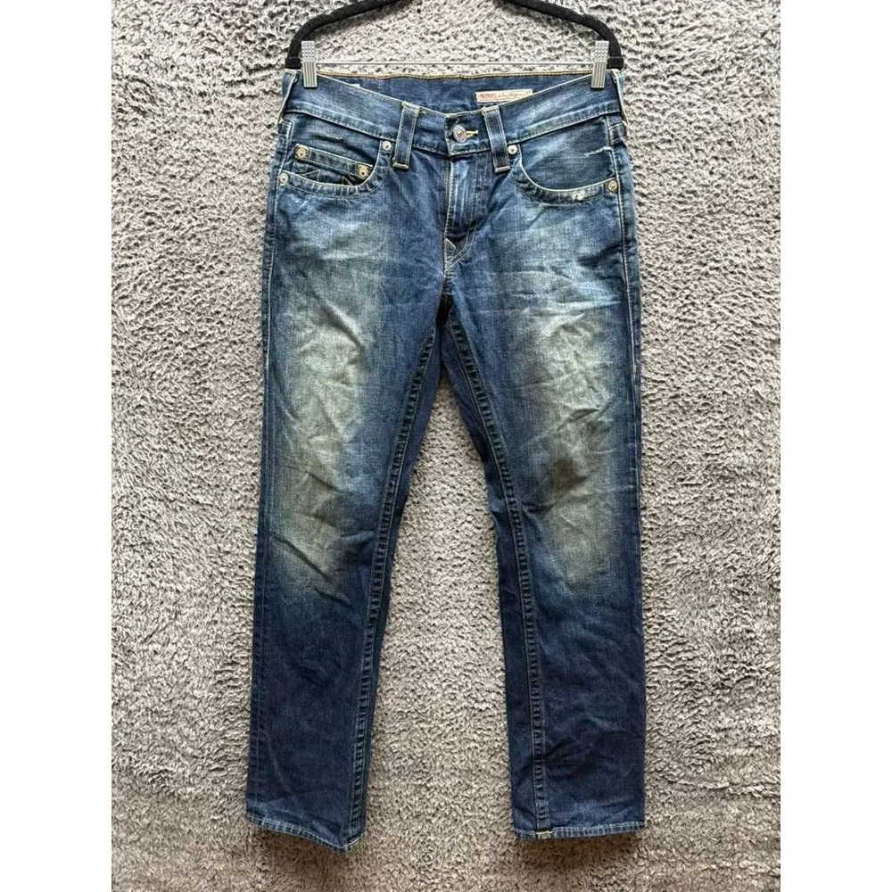 True Religion Bobby Distressed Straight Denim Jeans Medium Wash Blue Men Size 31